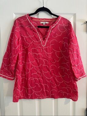 Boden Coral Pink Dotted Swirl Split-Neck Cotton Tunic